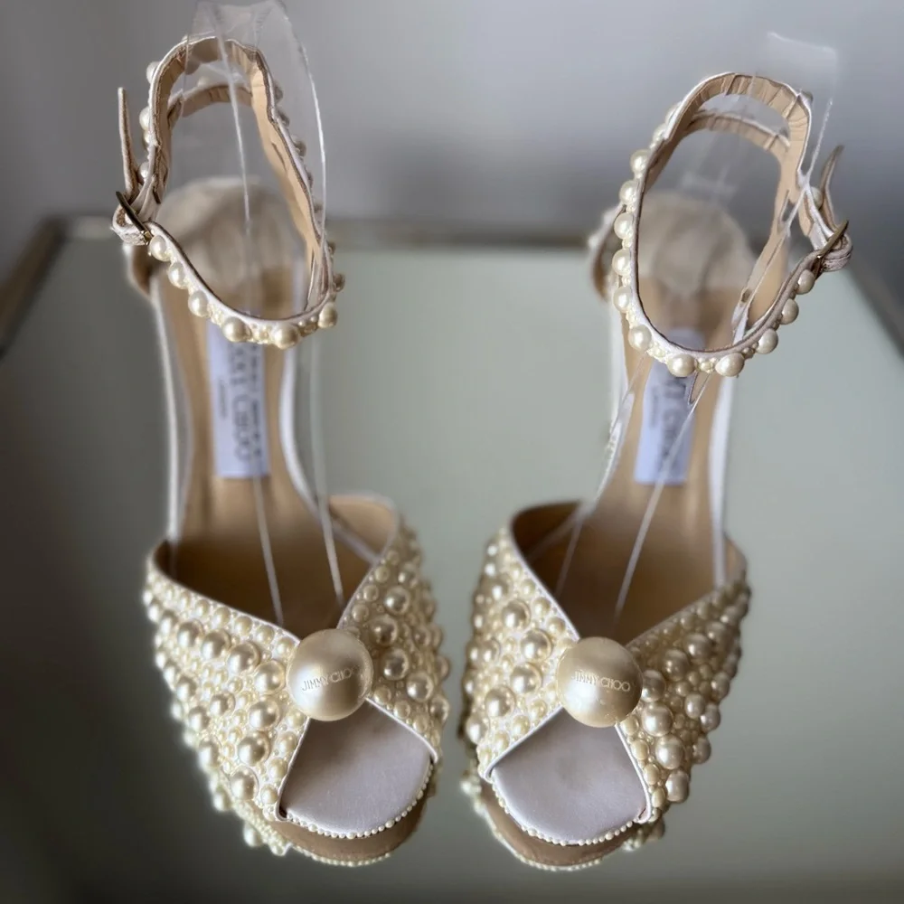 Like New Jimmy Choo Sacora 100 White Satin Sandals with All Over Pearls 38 - Picture 12 of 16